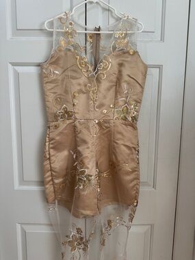 Vintage Costume made Sheer Jumpsuit Lined Gold Floral Embroidered Sequins